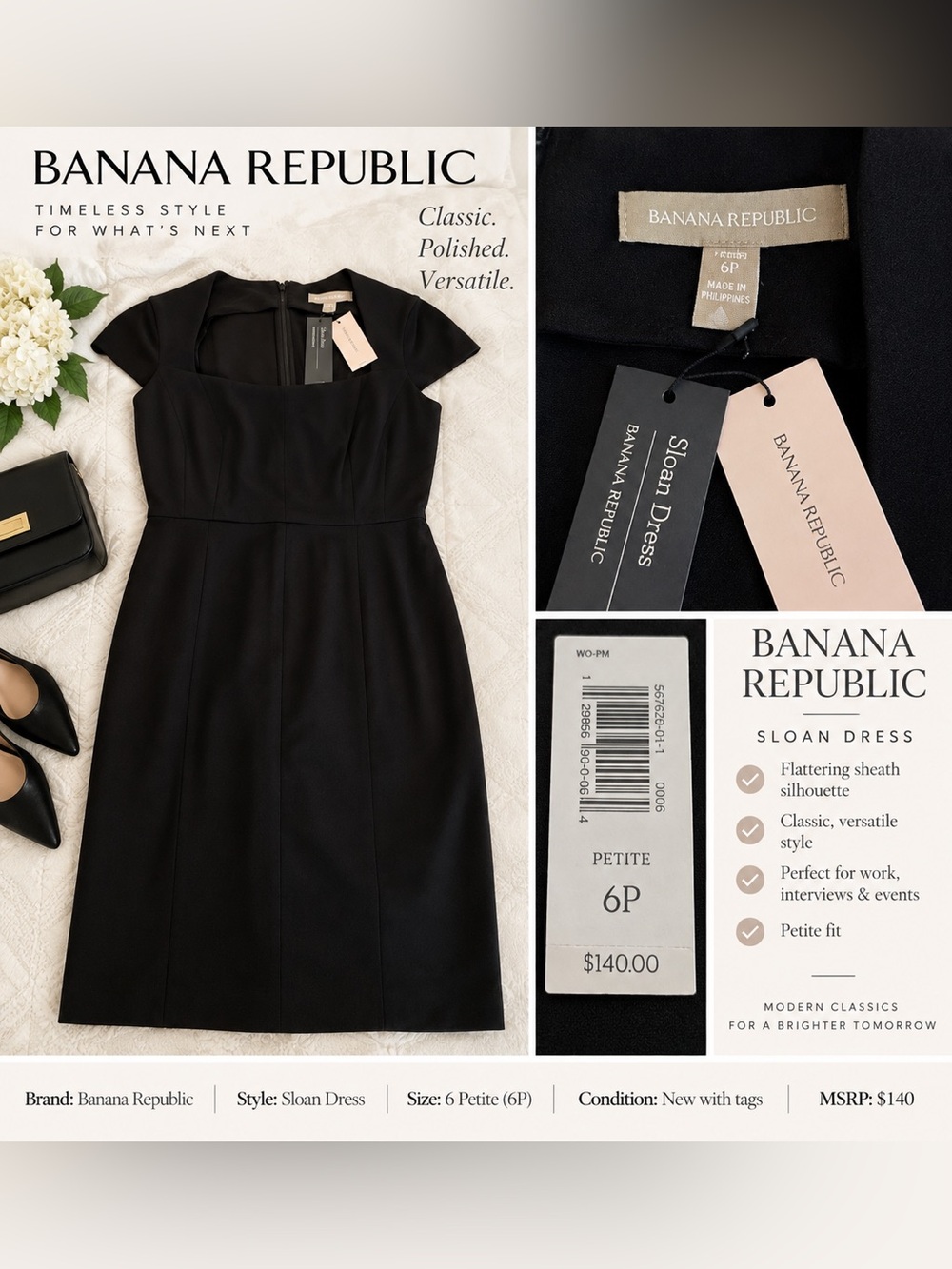 #0396 NWT Banana Republic Sloan Black Sheath Dress Size 6P Petite $140